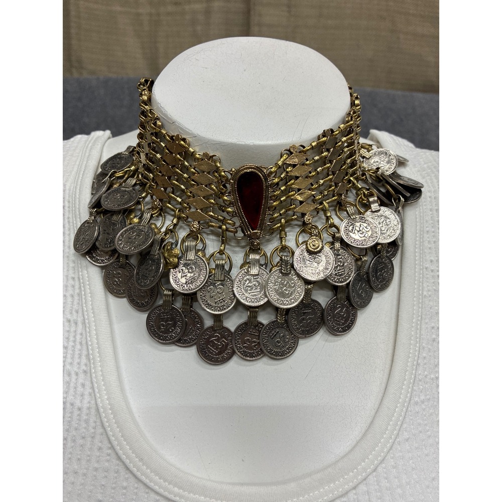 Vintage Tribal Coin Choker Necklace Boho Statement Red Stone Adjustable Cord